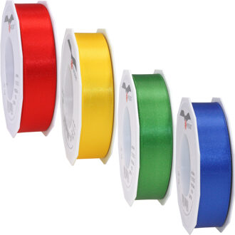 Satijn cadeau/hobby sierlinten 2,5cm x 25m- set 4x - rood/geel/groen/blauw - Cadeaulinten Multikleur