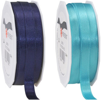 Satijn cadeau inpak deco sierlint - 2 tinten blauw - 25 meter x 1 cm