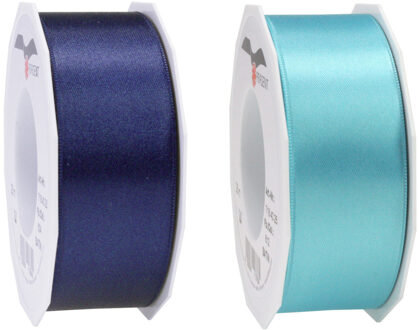 Satijn cadeau inpak deco sierlint - 2 tinten blauw - 25 meter x 4 cm