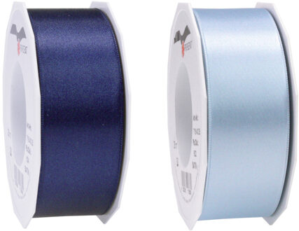 Satijn cadeau inpak deco sierlint - 2 tinten blauw - 25 meter x 4 cm
