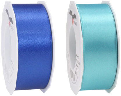 Satijn cadeau inpak deco sierlint - 2 tinten blauw - 25 meter x 4 cm