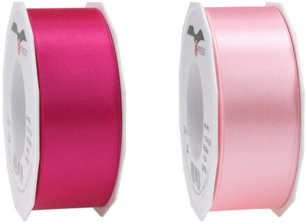 Satijn cadeau inpak deco sierlint - 2 tinten roze - 25 meter x 4 cm