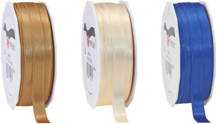 Satijn cadeau inpak deco sierlint - blauw/creme/brons - 25 meter x 1 cm