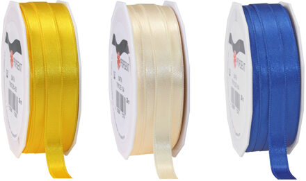 Satijn cadeau inpak deco sierlint - blauw/creme/geel - 25 meter x 1 cm