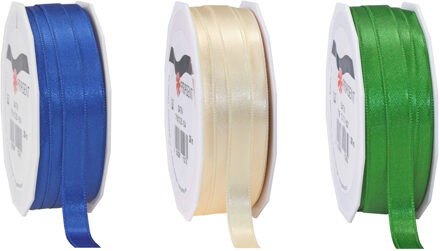 Satijn cadeau inpak deco sierlint - blauw/creme/groen - 25 meter x 1 cm