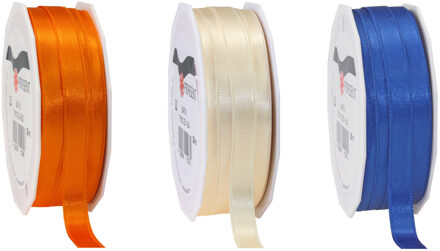 Satijn cadeau inpak deco sierlint - blauw/creme/oranje - 25 meter x 1 cm