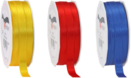 Satijn cadeau inpak deco sierlint - blauw/rood/geel - 25 meter x 1 cm