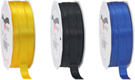 Satijn cadeau inpak deco sierlint - blauw/zwart/geel - 25 meter x 1 cm