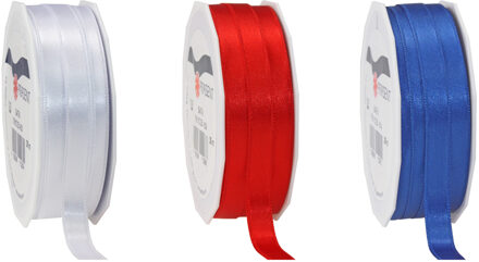Satijn cadeau inpak deco sierlint - rood/wit/blauw - 25 meter x 1 cm