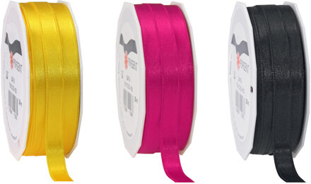 Satijn cadeau inpak deco sierlint - roze/zwart/geel - 25 meter x 1 cm
