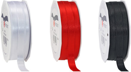 Satijn cadeau inpak deco sierlint - wit/zwart/rood - 25 meter x 1 cm