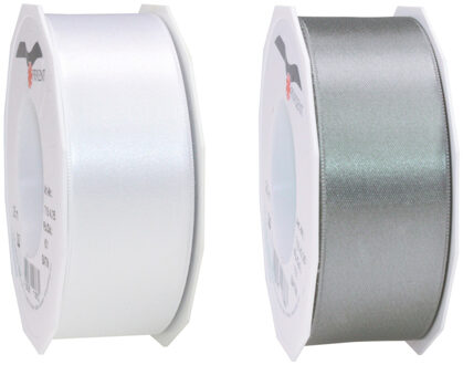 Satijn cadeau sierlint - antraciet en wit - 25 meter x 4 cm