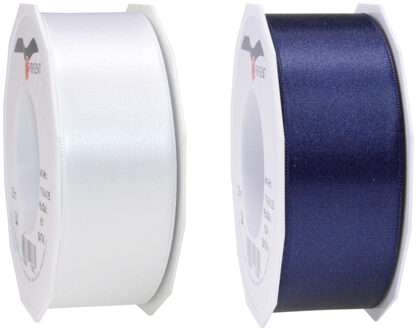 Satijn cadeau sierlint - donkerblauw en wit - 25 meter x 4 cm