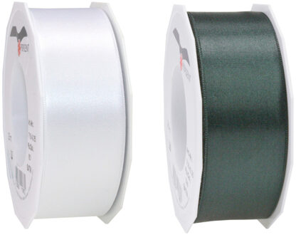 Satijn cadeau sierlint - donkergroen en wit - 25 meter x 4 cm