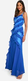 Satijn Chiffon Ruffle Asymmetrische Maxi Jurk, Cobalt - 42