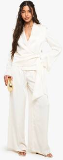 Satijn Geplooide Broek Met Wijde Pijpen, Ivory - 34