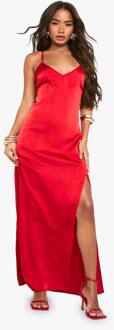 Satijn Jurk Met Diepe V-Hals, Voorkant Split En Maxi Lengte, Red - 38