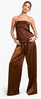 Satijn Longline Bandeau & Broek Met Wijde Pijpen En Taille Met Trekkoord, Chocolate - 42