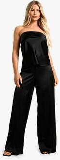 Satijn Longline Bandeau & Tailleband Met Trekkoord En Wijde Pijp Broek Set, Black - 42