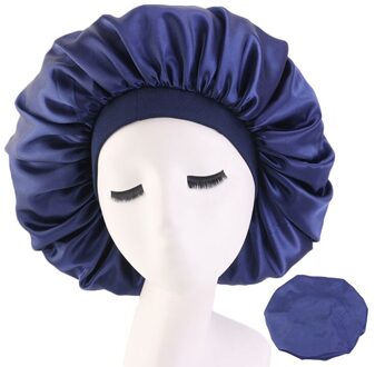 Satijn Motorkap Cap Effen Kleur Tulband Chemo Hoed Vrouwen Brede Elastische Band Effen Nachtrust Mutsen Skullies Chemo Cap Mode marine blauw