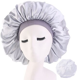 Satijn Motorkap Cap Effen Kleur Tulband Chemo Hoed Vrouwen Brede Elastische Band Effen Nachtrust Mutsen Skullies Chemo Cap Mode zilvere kleur