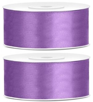 Satijn sierlint - 2x - lila paars - Hobby/decoratie cadeau lint - 2,5 cm x 25 meter