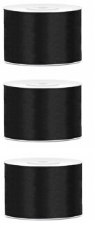 Satijn sierlint/cadeaulint - 3x - zwart - 5 cm x 25 meter - Inpakken - Versieren - Decoratie