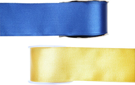 Satijn sierlint pakket - blauw/geel - 2,5 cm x 25 meter - Hobby/decoratie/knutselen