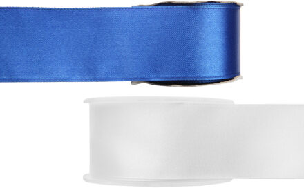 Satijn sierlint pakket - blauw/wit - 2,5 cm x 25 meter - Hobby/decoratie/knutselen