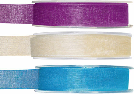 Satijn sierlint pakket - blauw/wit/paars - 1,5 cm x 20 meter - Hobby/decoratie/knutselen