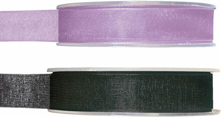 Satijn sierlint pakket - zwart/lila paars - 1,5 cm x 20 meter - Hobby/decoratie/knutselen