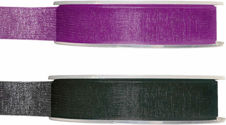 Satijn sierlint pakket - zwart/paars - 1,5 cm x 20 meter - Hobby/decoratie/knutselen