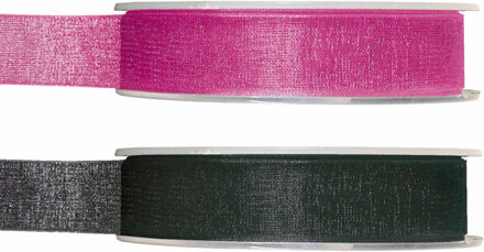 Satijn sierlint pakket - zwart/roze - 1,5 cm x 20 meter - Hobby/decoratie/knutselen