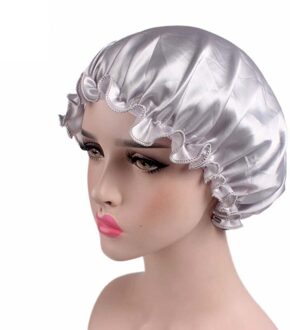 Satijn Slaap Cap Motorkap Voor Haar Styling Slapen Douche Cap Zijde Motorkap Vrouwen Nacht Elastische Band Head Cover Haarverzorging zilvere kleur
