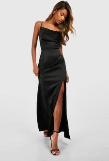 Satijn Slip Zij Split Maxi Jurk, Black - 44