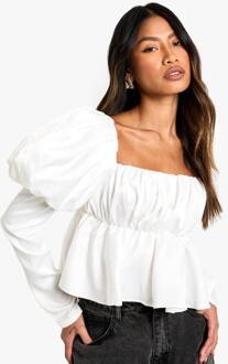 Satijn Smock Top Met Puff Mouwen En Gerafelde Borst, Ivory - 38