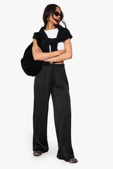 Satijn Touwsluiting Vloeibare Broek Met Wijde Pijp, Black - 44