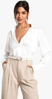 Satijn V-Hals Overhemd Met Knopen, White - 42