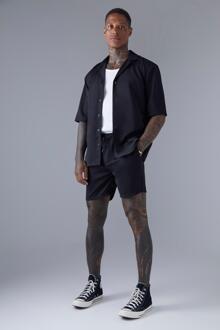 Satijnen Drop Overhemd Met Korte Mouwen En Revers Kraag En Shorts Set, Black - XL