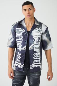 Satijnen Drop Overhemd Met Print, Revers Kraag En Korte Mouwen, Grey - L