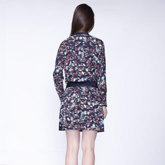 Satijnen kraag korte jurk en bladeren print Blauw