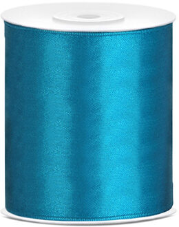 Satijnen sierlint breed - turquoise - 10 cm x 25 meter - Cadeaulint - Cadeaulinten Blauw