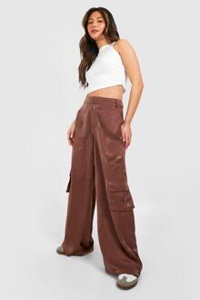 Satijnen Wide Leg Cargo Broek, Chocolate - 36