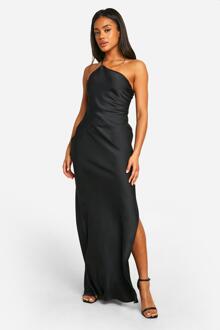 Satin Asymmetric Strap Maxi Dress, Black - 12