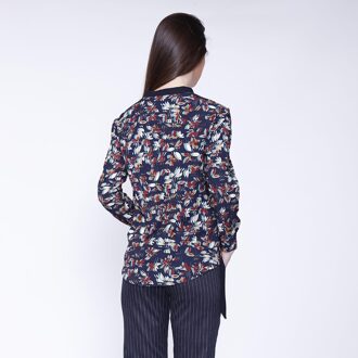 Satin Col-V Blouse en bladeren print Blauw - L