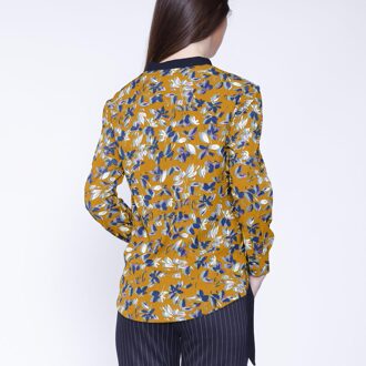 Satin Col-V Blouse en bladeren print Mosterdgeel