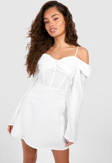 Satin Corset Detail Mini Dress, White - 14