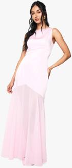 Satin En Chiffon Mix Geplooide Maxi Jurk, Pink - 42