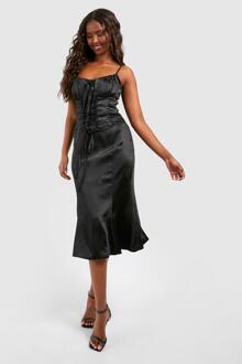 Satin Lace Up Corset Midi Dress, Black - 12