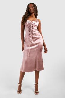 Satin Lace Up Corset Midi Dress, Pink - 8